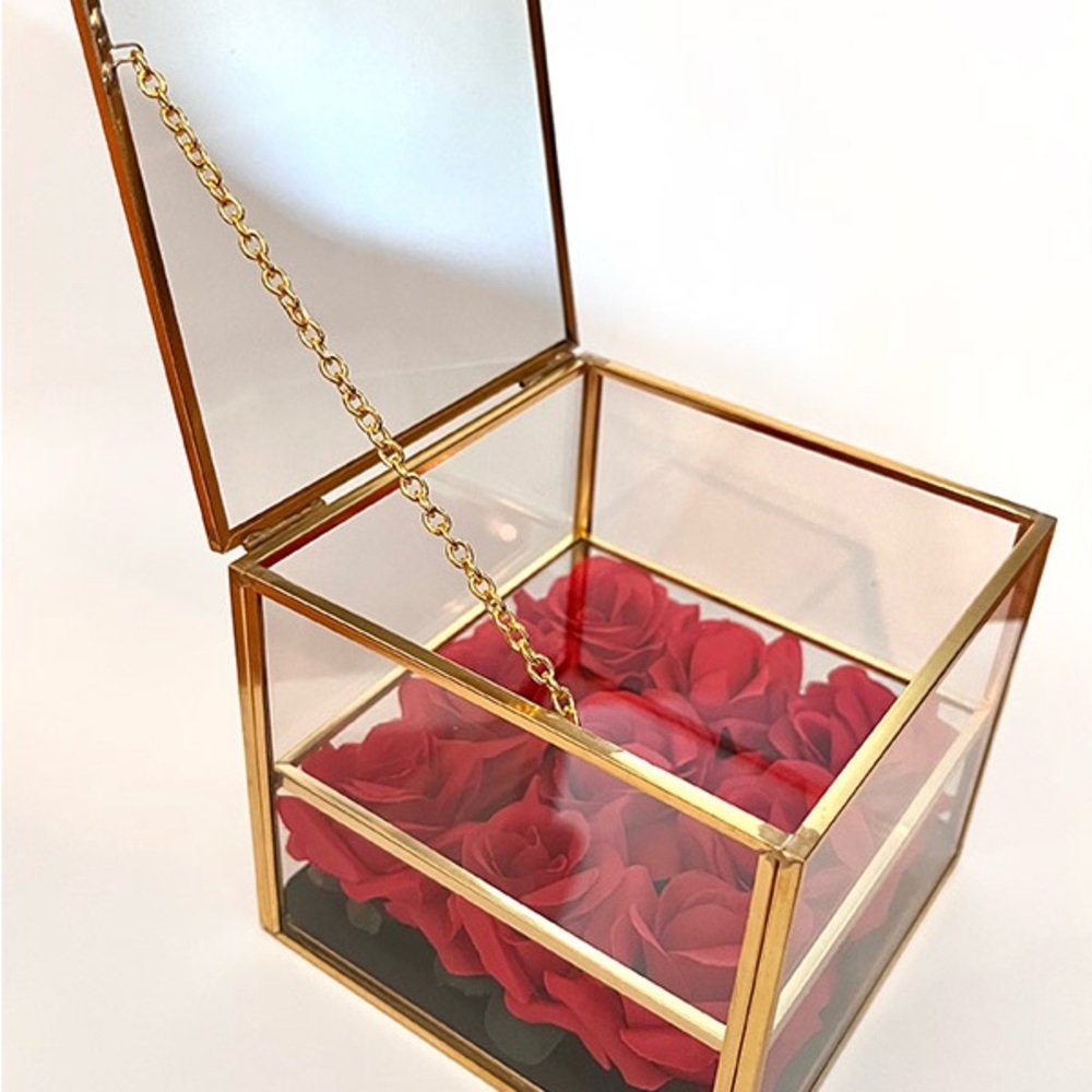 Elegant Jewelry Box Red Rose, Gold and Glass